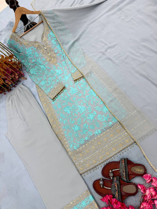 Heavy Faux Georgette Embroidery Sequence Work Top Plazzo