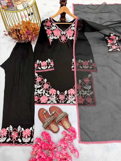 Satin Rayon Embroidery Thread Work Top Farshi Plazzo