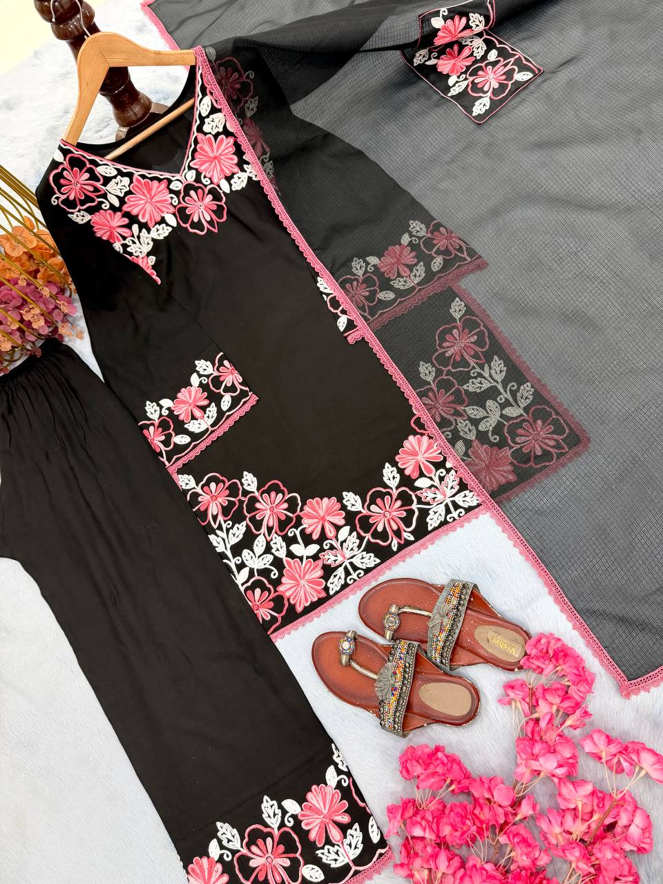 Satin Rayon Embroidery Thread Work Top Farshi Plazzo