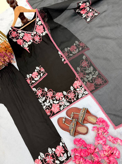 Satin Rayon Embroidery Thread Work Top Farshi Plazzo