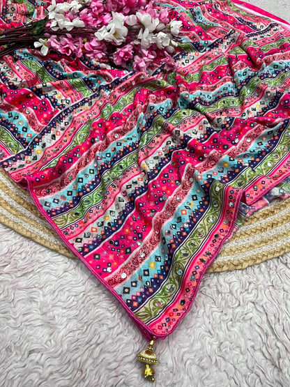Chinnon Digital Print Original Mirror Work Saree