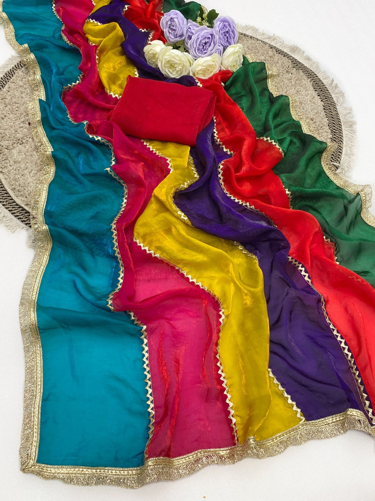 Fendy Space Silk Unique Cut Joint Pattern Gota Lace Work Saree