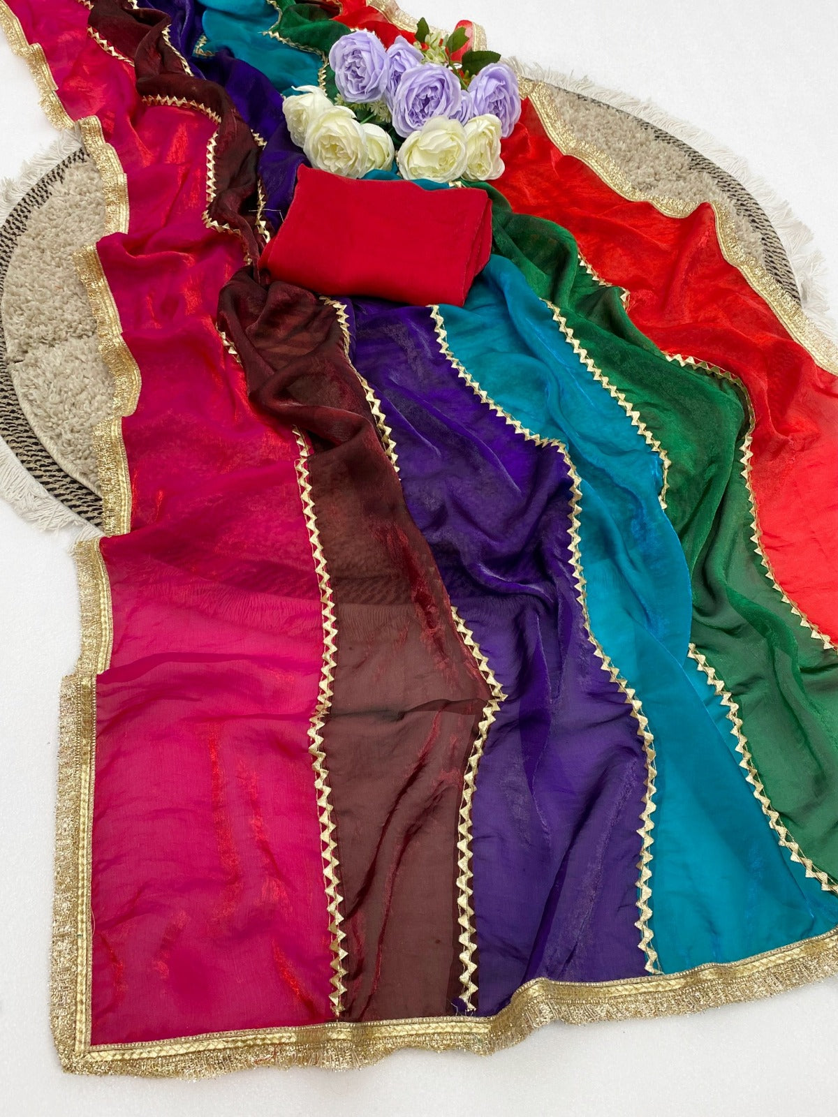 Fendy Space Silk Unique Cut Joint Pattern Gota Lace Work Saree