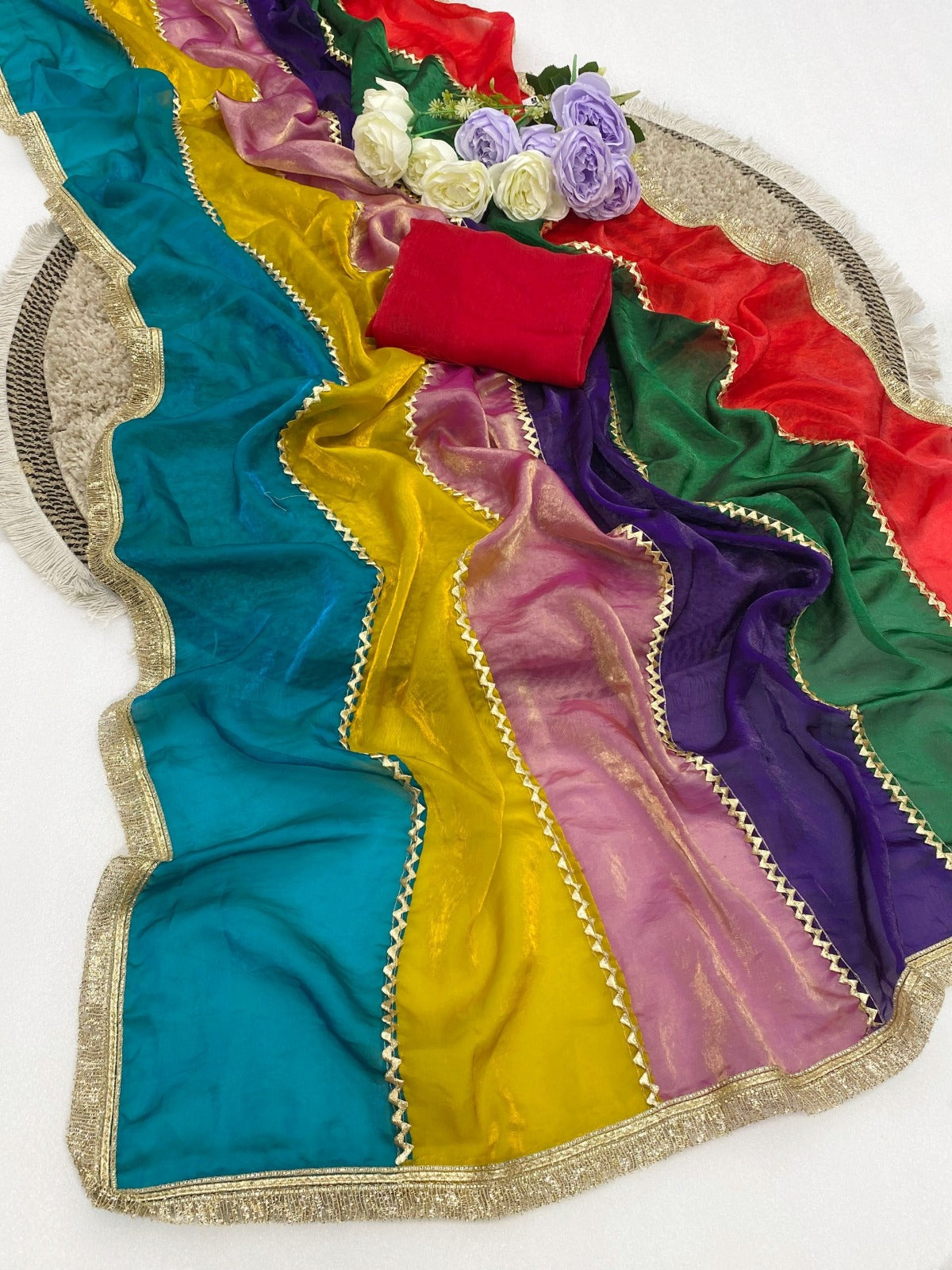 Fendy Space Silk Unique Cut Joint Pattern Gota Lace Work Saree