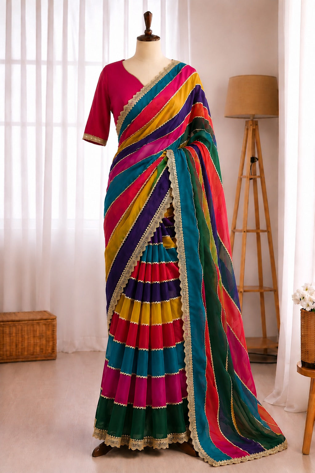 Fendy Space Silk Unique Cut Joint Pattern Gota Lace Work Saree