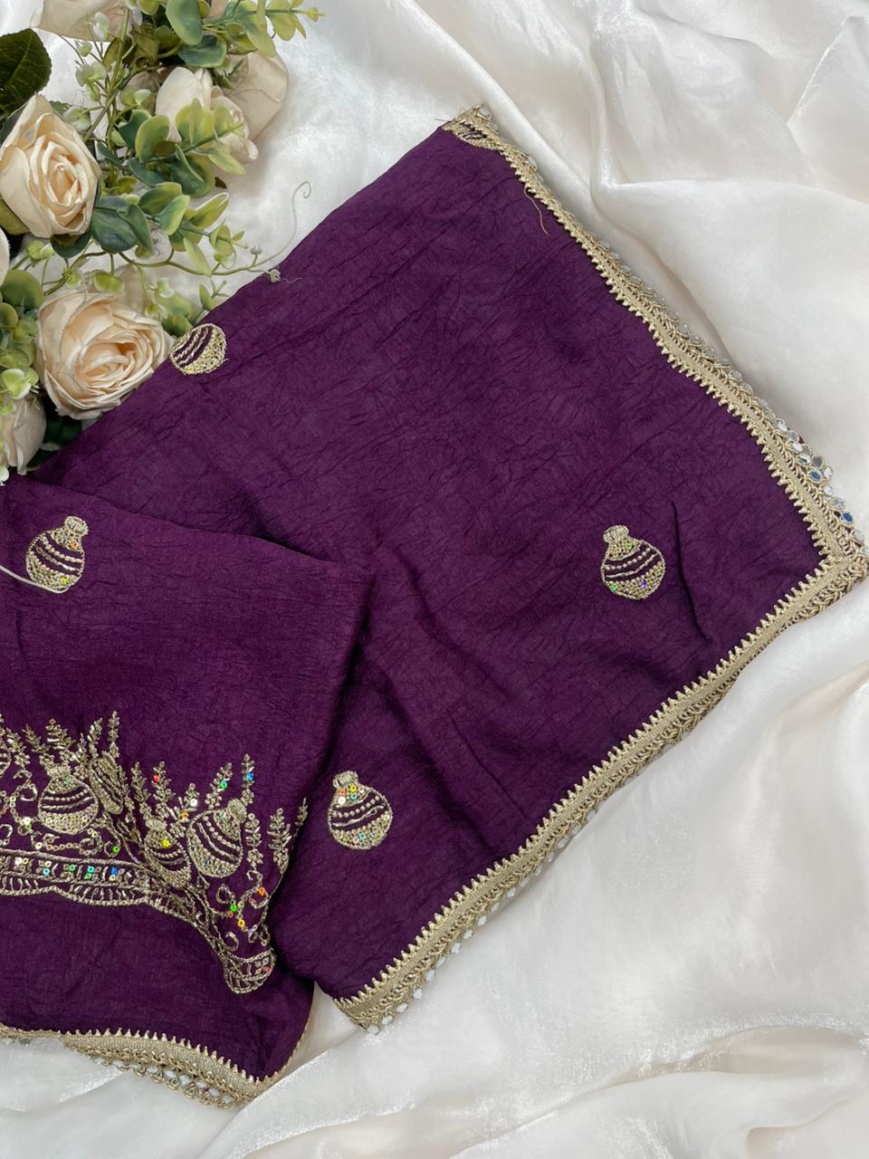 Rangoli Crush Silk Embroidery Sequence Butta Mirror Lace Work Saree