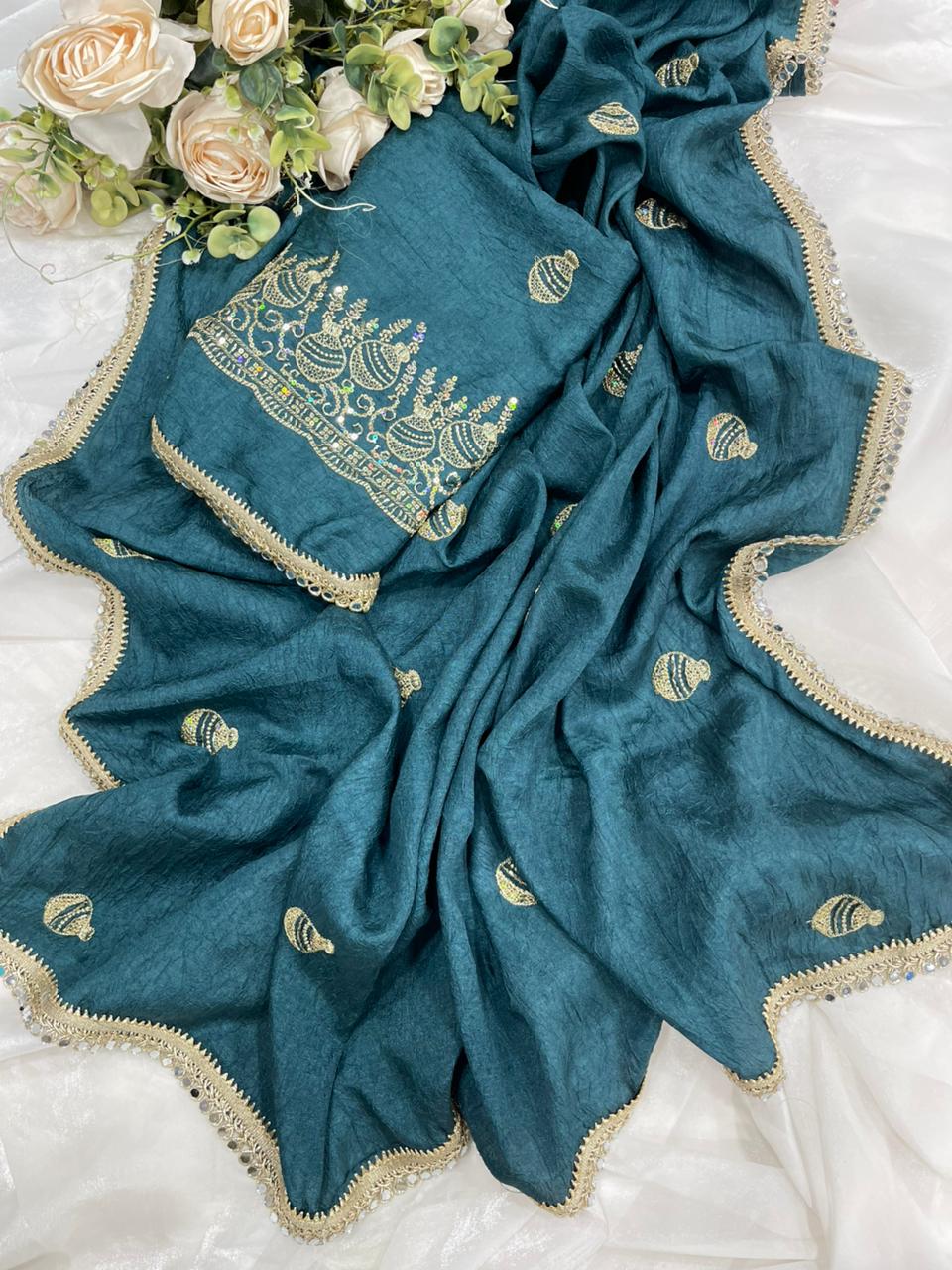 Rangoli Crush Silk Embroidery Sequence Butta Mirror Lace Work Saree