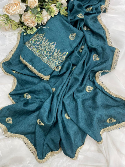 Rangoli Crush Silk Embroidery Sequence Butta Mirror Lace Work Saree