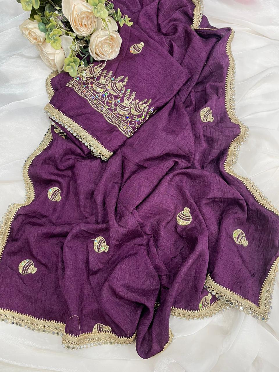 Rangoli Crush Silk Embroidery Sequence Butta Mirror Lace Work Saree