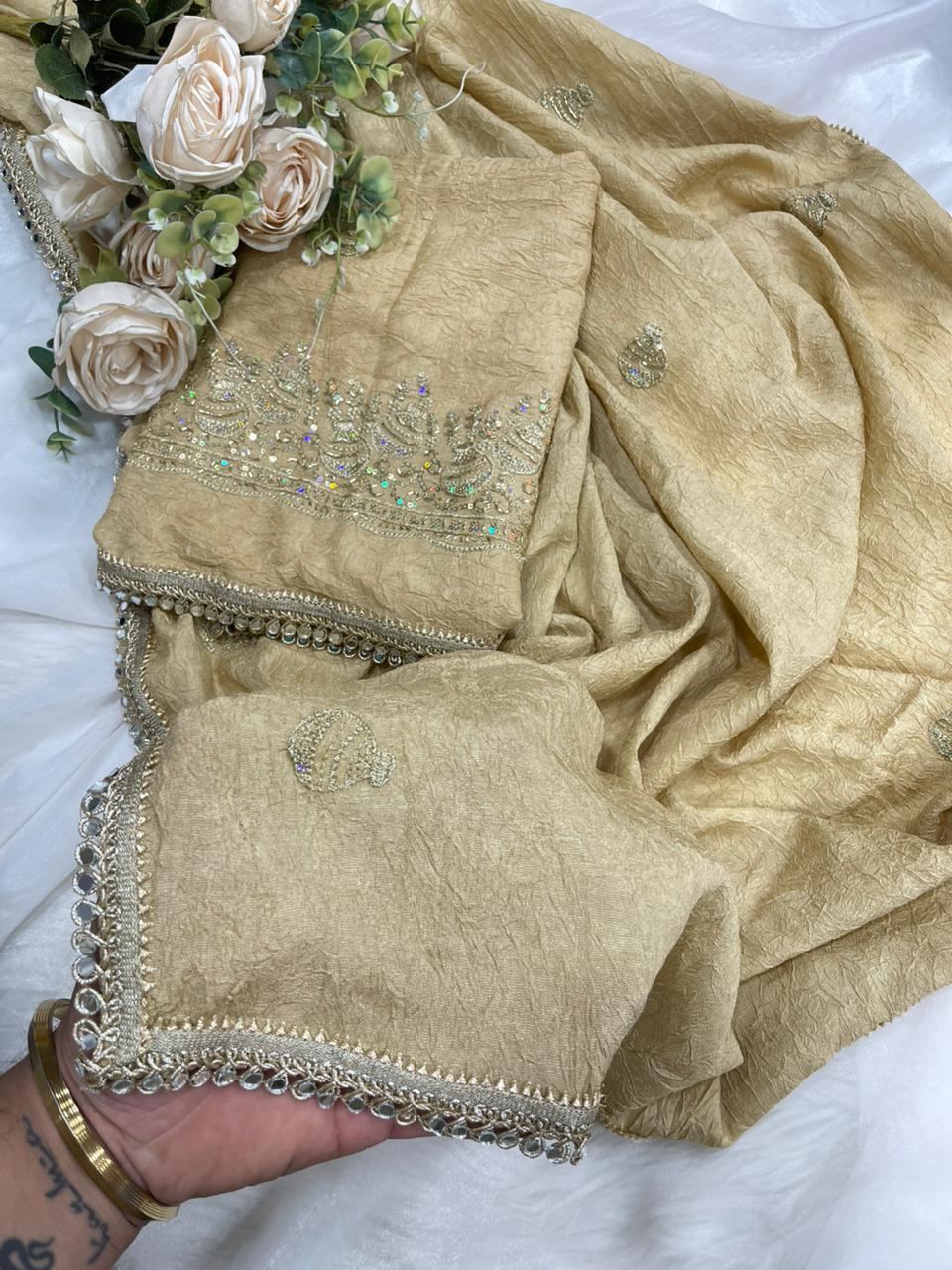 Rangoli Crush Silk Embroidery Sequence Butta Mirror Lace Work Saree
