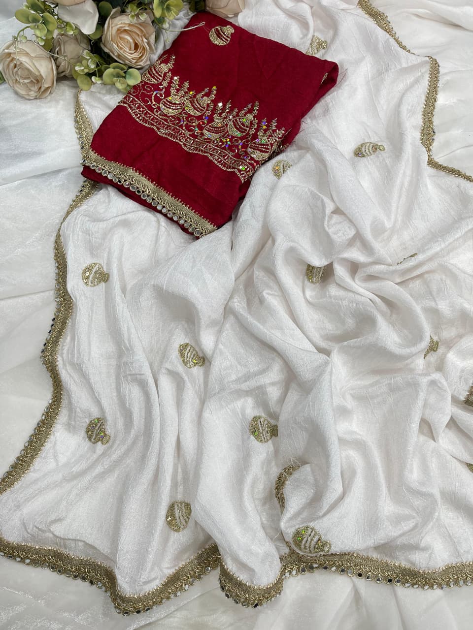 Rangoli Crush Silk Embroidery Sequence Butta Mirror Lace Work Saree