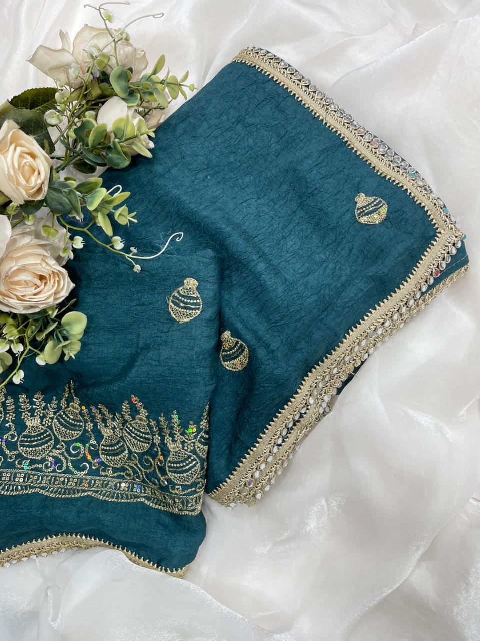 Rangoli Crush Silk Embroidery Sequence Butta Mirror Lace Work Saree