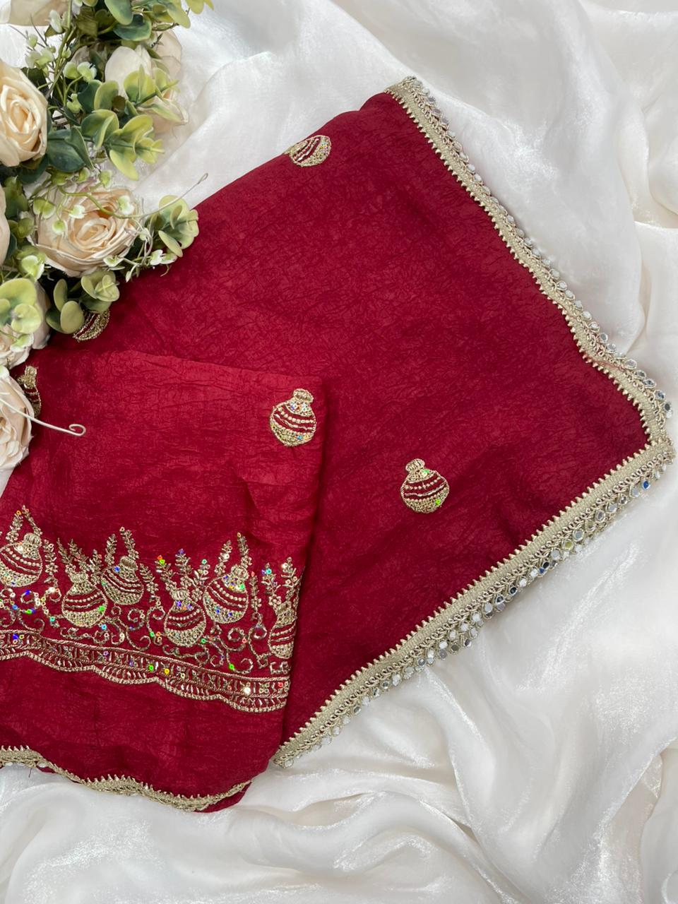 Rangoli Crush Silk Embroidery Sequence Butta Mirror Lace Work Saree