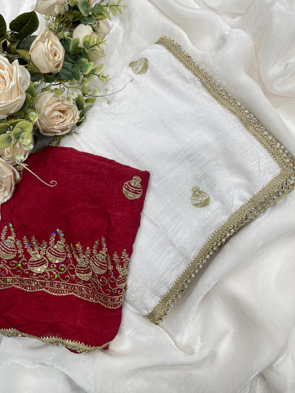 Rangoli Crush Silk Embroidery Sequence Butta Mirror Lace Work Saree