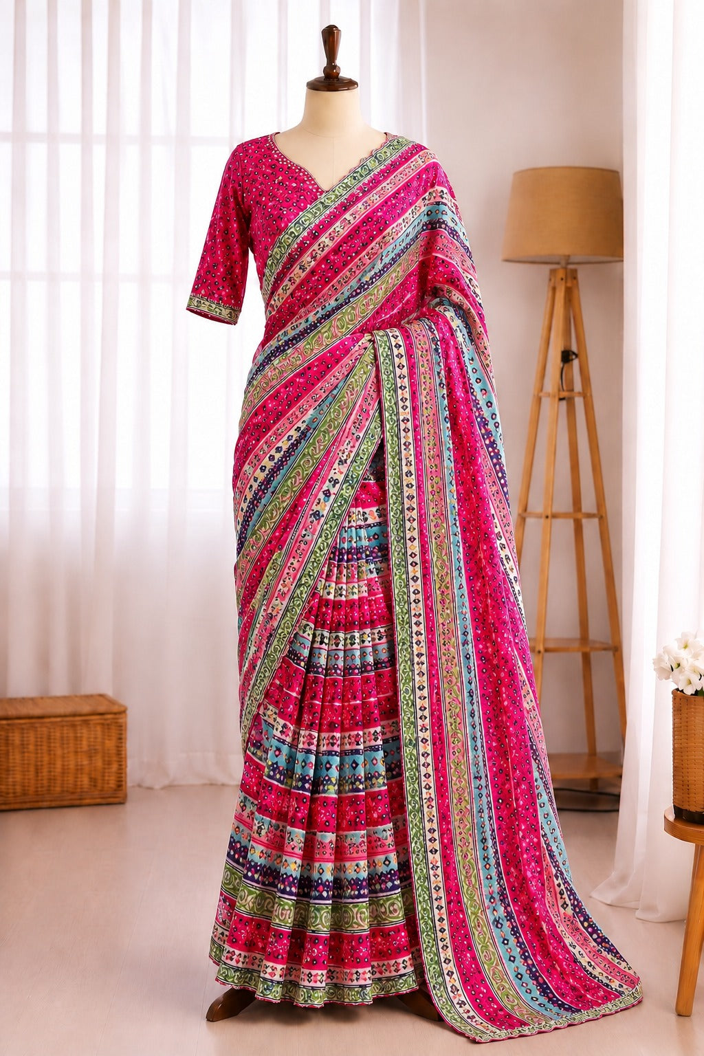 Chinnon Digital Print Original Mirror Work Saree