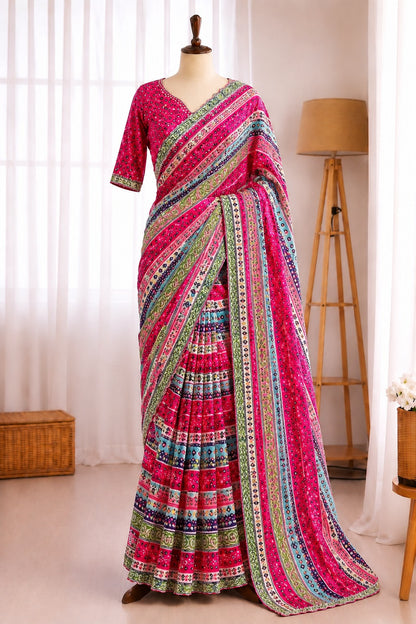 Chinnon Digital Print Original Mirror Work Saree