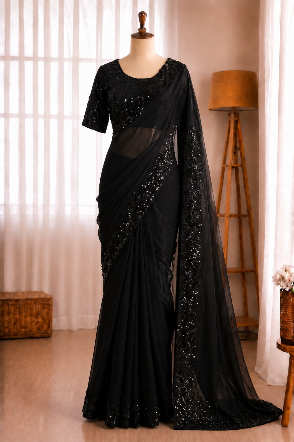 Fandy Satin Tone To Tone Beads Sequins Work Saree