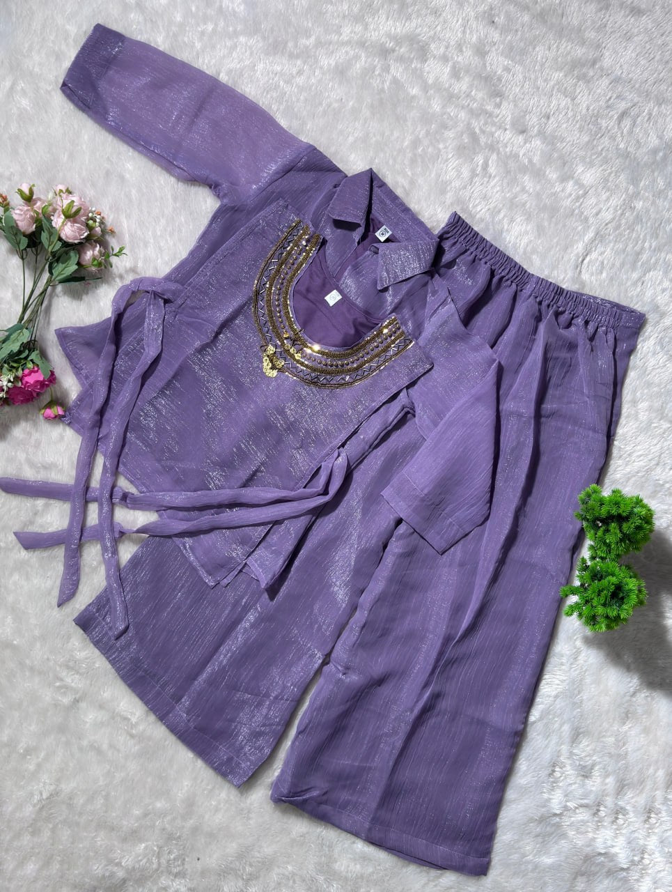 Premium Crunchy Silk Handwork Top Shirt Plazzo