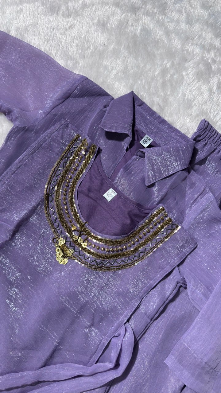 Premium Crunchy Silk Handwork Top Shirt Plazzo