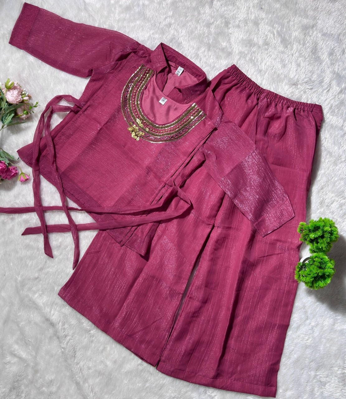 Premium Crunchy Silk Handwork Top Shirt Plazzo