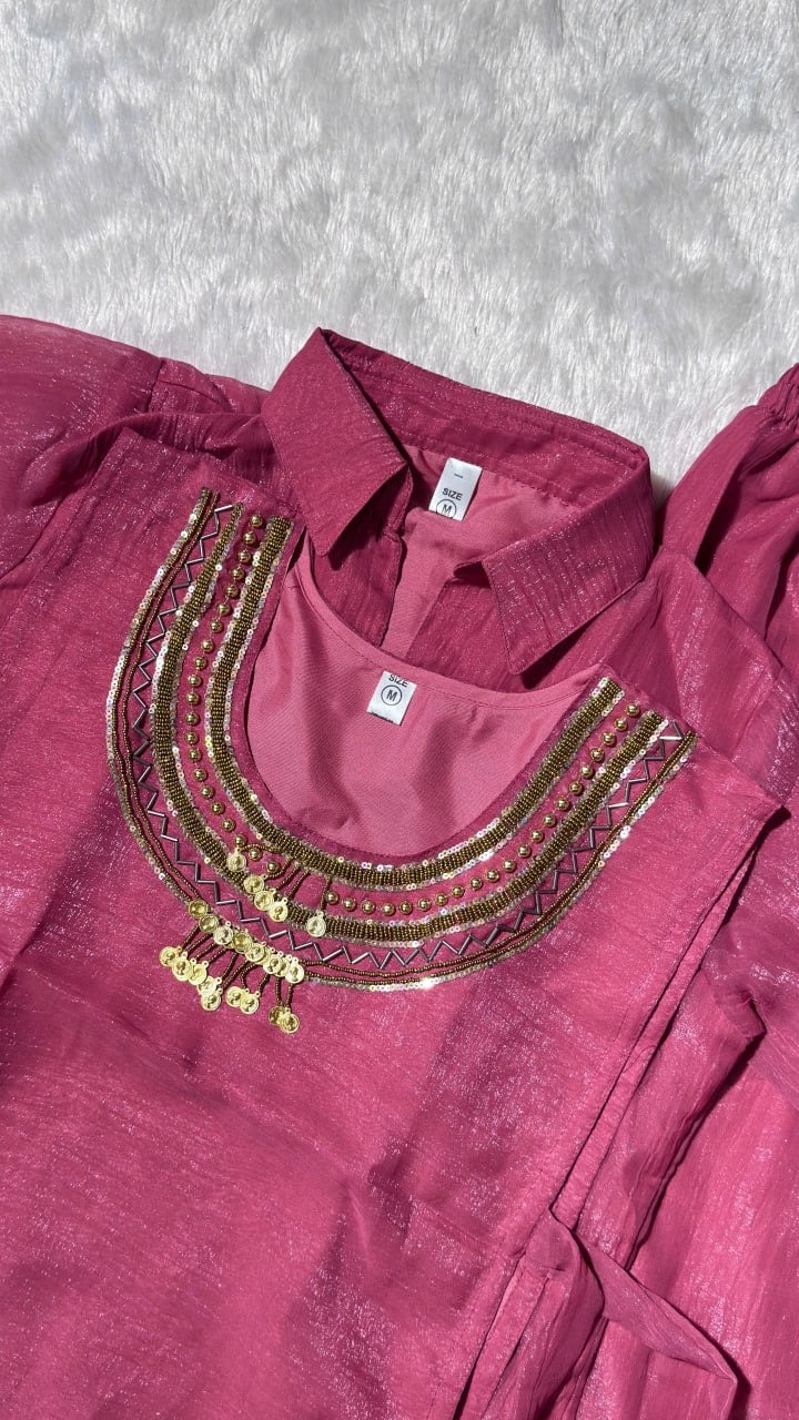 Premium Crunchy Silk Handwork Top Shirt Plazzo