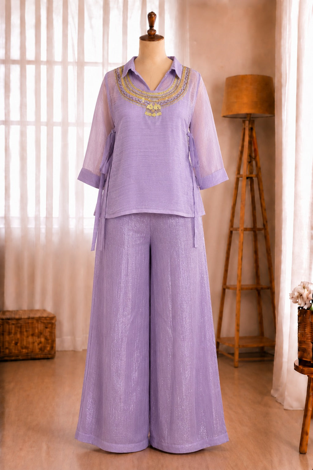 Premium Crunchy Silk Handwork Top Shirt Plazzo