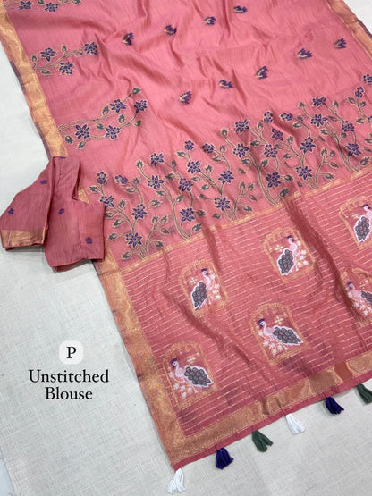 Linen Cotton Motif Zari Thread Weaving Jacquard Saree