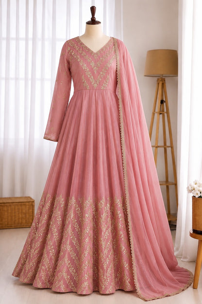 Crunchy Silk Embroidery Sequence Work Gown