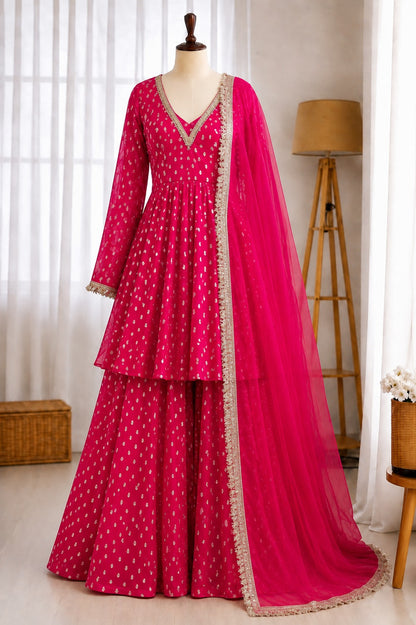 Jacquard Chandheri Real Mirror Work Top Bottom