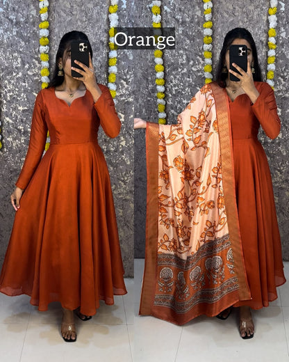 Blooming Vichithra Silk Kalamkari Dupatta Gown