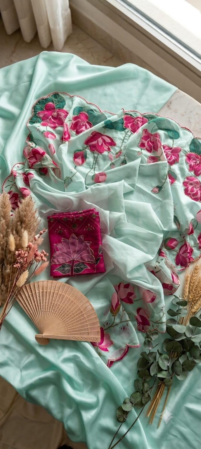Soft Taby Silk Flower Digital Print Cutdana Work Saree