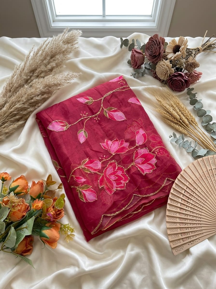 Soft Taby Silk Flower Digital Print Cutdana Work Saree