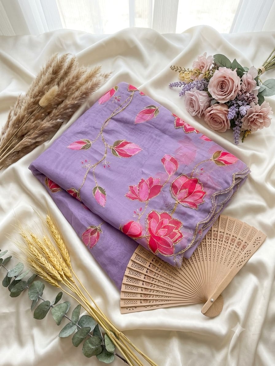 Soft Taby Silk Flower Digital Print Cutdana Work Saree