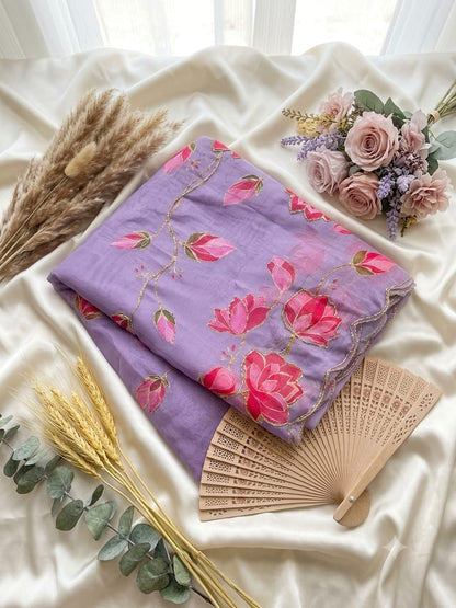 Soft Taby Silk Flower Digital Print Cutdana Work Saree