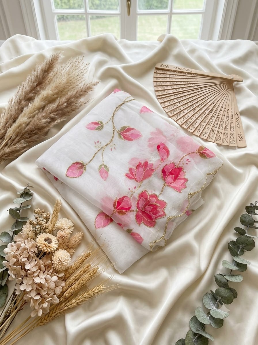 Soft Taby Silk Flower Digital Print Cutdana Work Saree