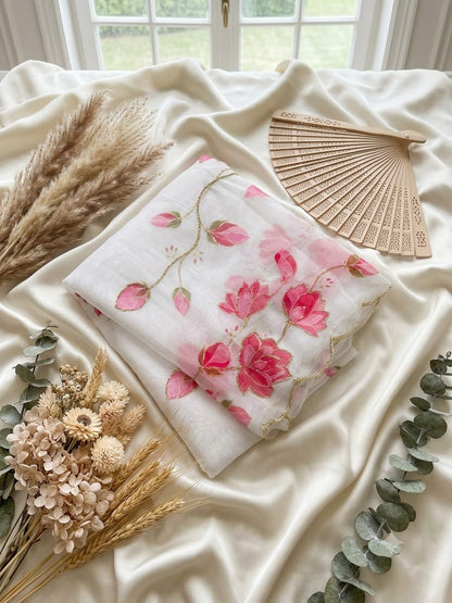 Soft Taby Silk Flower Digital Print Cutdana Work Saree