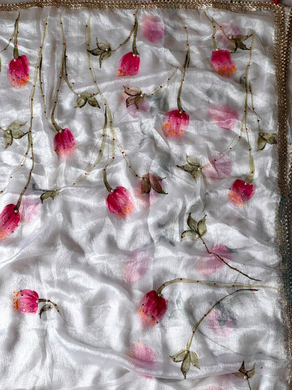 Pure crystal chiffon silk Stone Pearl Work Saree