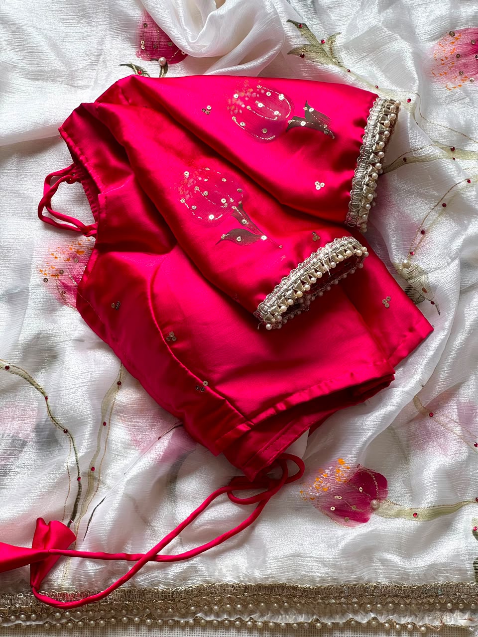 Pure crystal chiffon silk Stone Pearl Work Saree