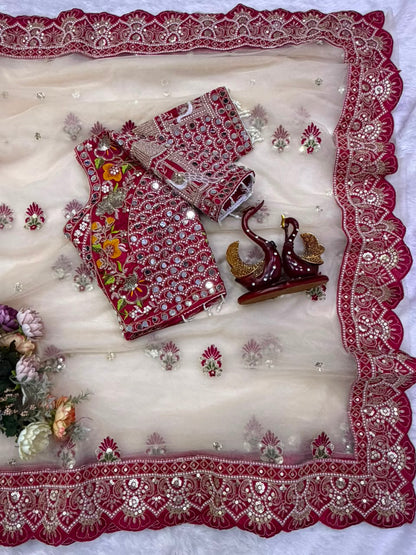 Butterfly Net Sequins Multi Thread Embroidery Mirror Work Saree
