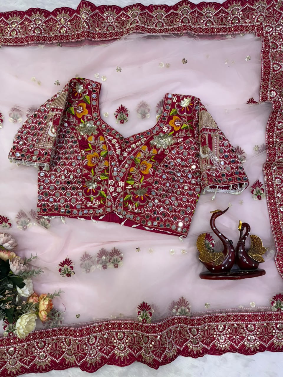 Butterfly Net Sequins Multi Thread Embroidery Mirror Work Saree