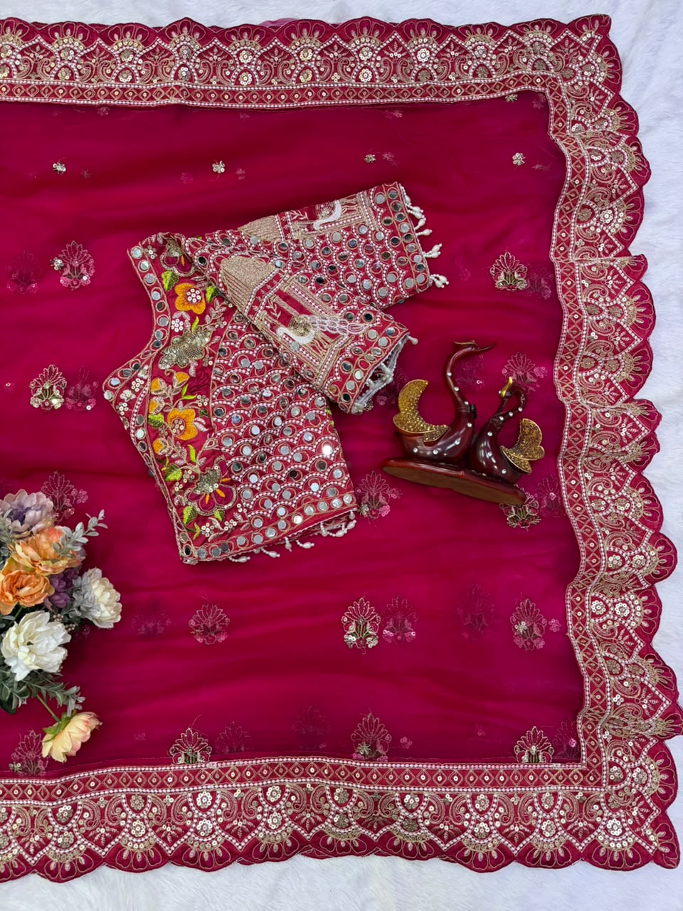 Butterfly Net Sequins Multi Thread Embroidery Mirror Work Saree