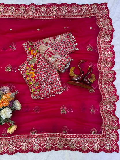 Butterfly Net Sequins Multi Thread Embroidery Mirror Work Saree