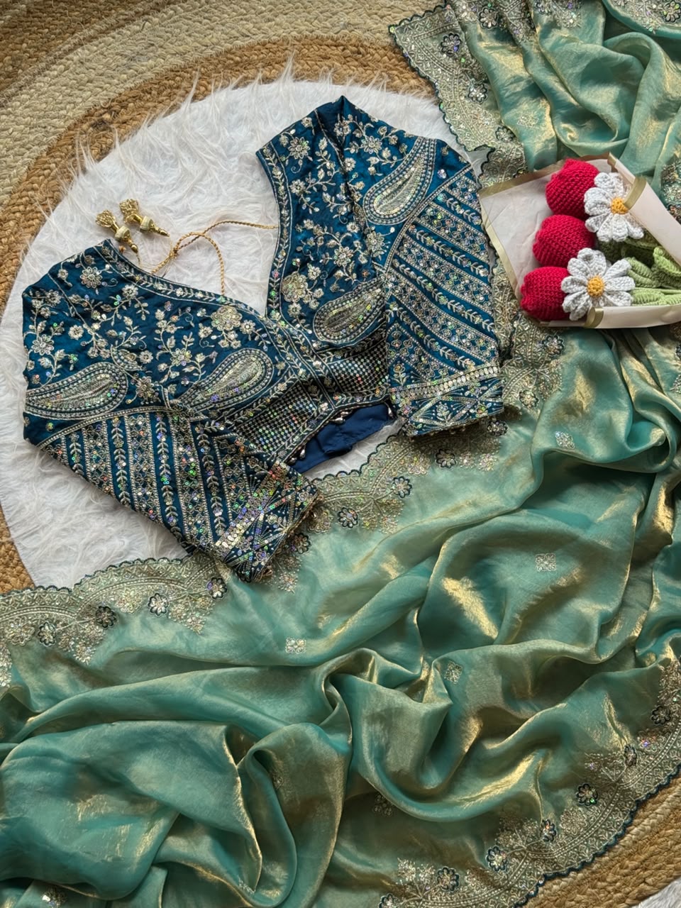 Soft Space Silk Sequins Jari Embroidery Work Saree