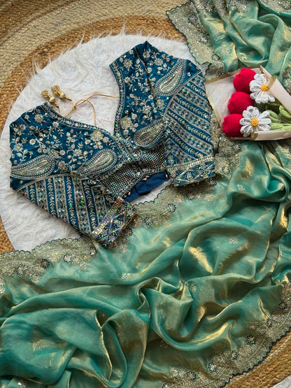 Soft Space Silk Sequins Jari Embroidery Work Saree