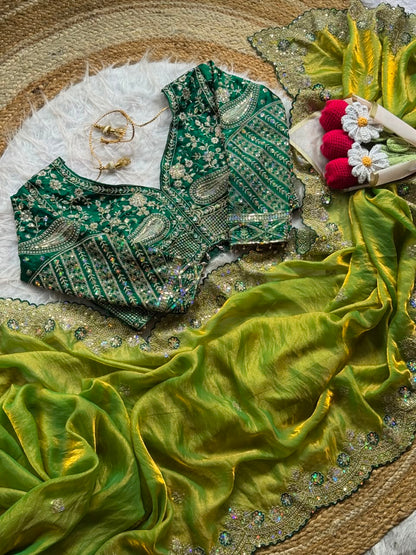 Soft Space Silk Sequins Jari Embroidery Work Saree