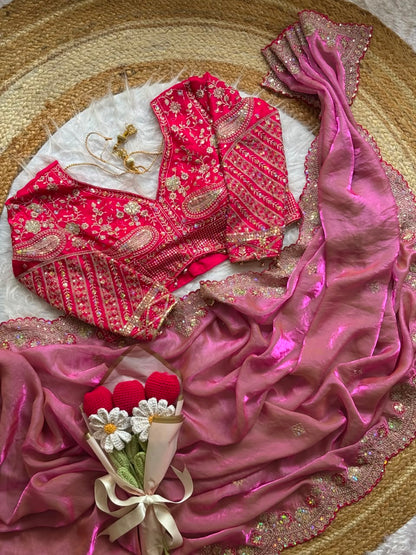 Soft Space Silk Sequins Jari Embroidery Work Saree