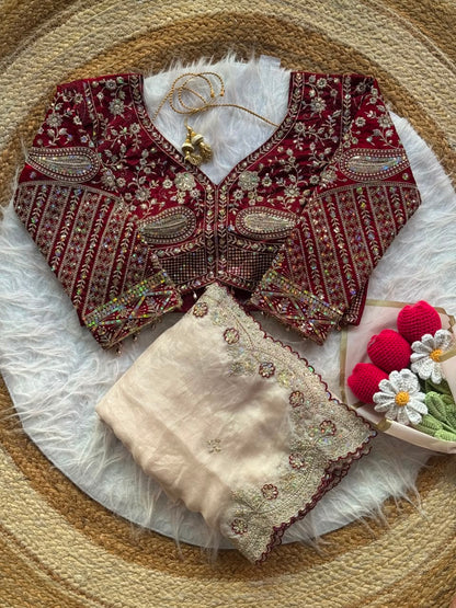 Soft Space Silk Sequins Jari Embroidery Work Saree