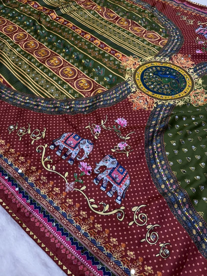 Soft Japan Satin Traditional Print Mirror Handwork Saree