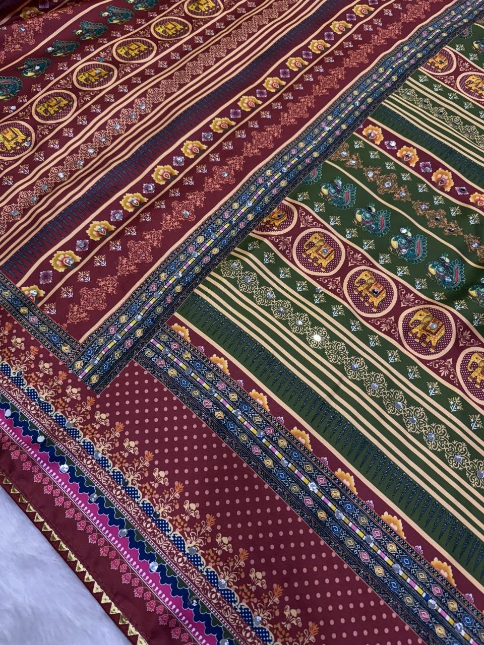 Soft Japan Satin Traditional Print Mirror Handwork Saree