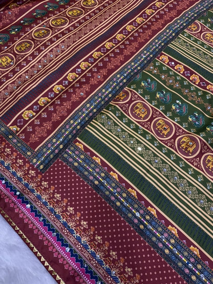Soft Japan Satin Traditional Print Mirror Handwork Saree